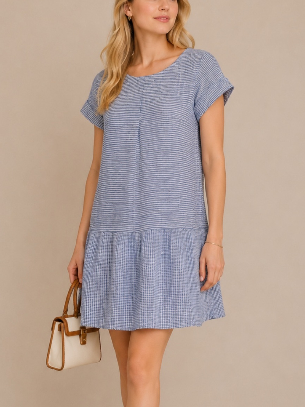 Garnet Hill 100% linen blue Pinstriped Short-Sleeve Mini Dress 10 54738